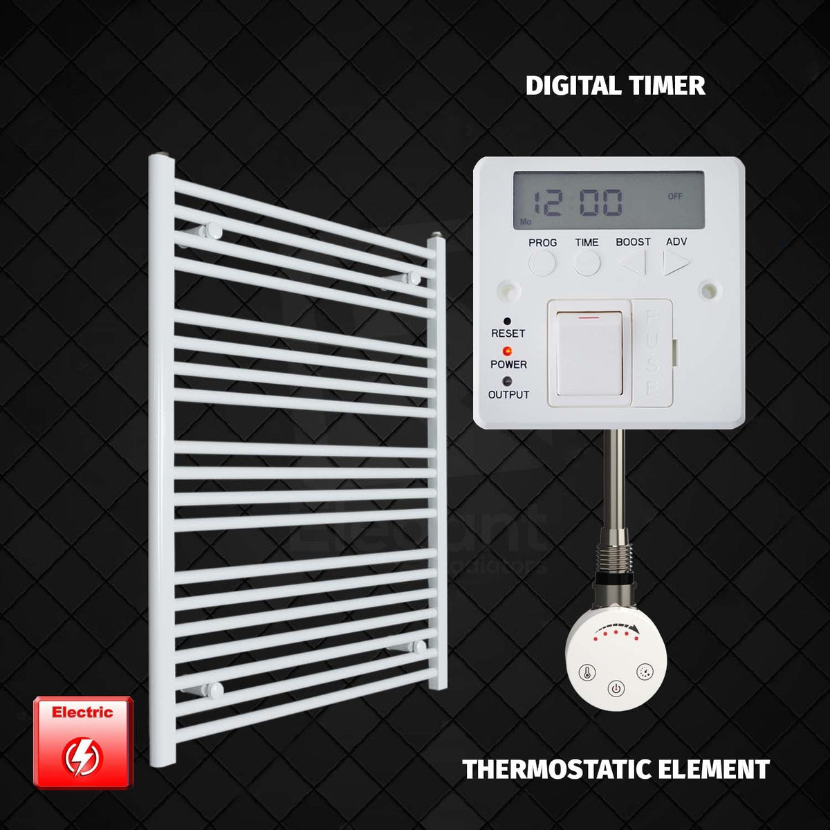 1000 x 750 Pre-Filled Electric Heated Towel Radiator White HTR SMR Thermostatic element Digital timer