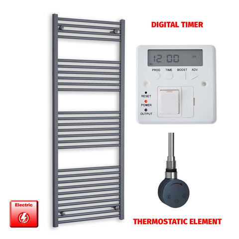 1600mm High 600mm Wide Flat Anthracite Pre-Filled Electric Heated Towel Rail Radiator HTR SMR Thermostatic element Digital timer