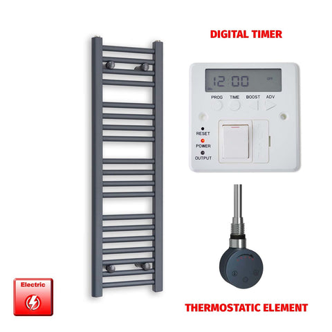1000mm High 300mm Wide Flat Anthracite Pre-Filled Electric Heated Towel Rail Radiator HTR SMR Thermostatic element Digital timer