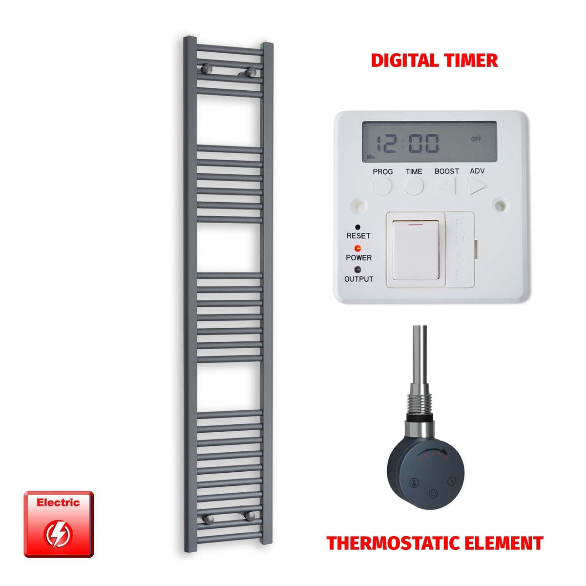1600 x 300 Flat Anthracite Pre-Filled Electric Heated Towel Radiator HTR SMR Thermostatic element Digital timer