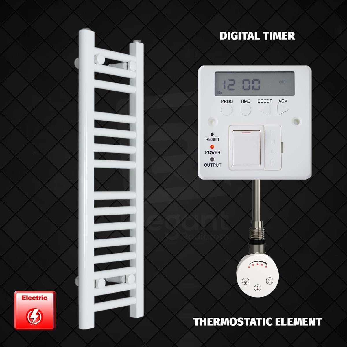 800 mm High 250 mm Wide Pre-Filled Electric Heated Towel Rail Radiator White Thermostatic Element Digital Timer