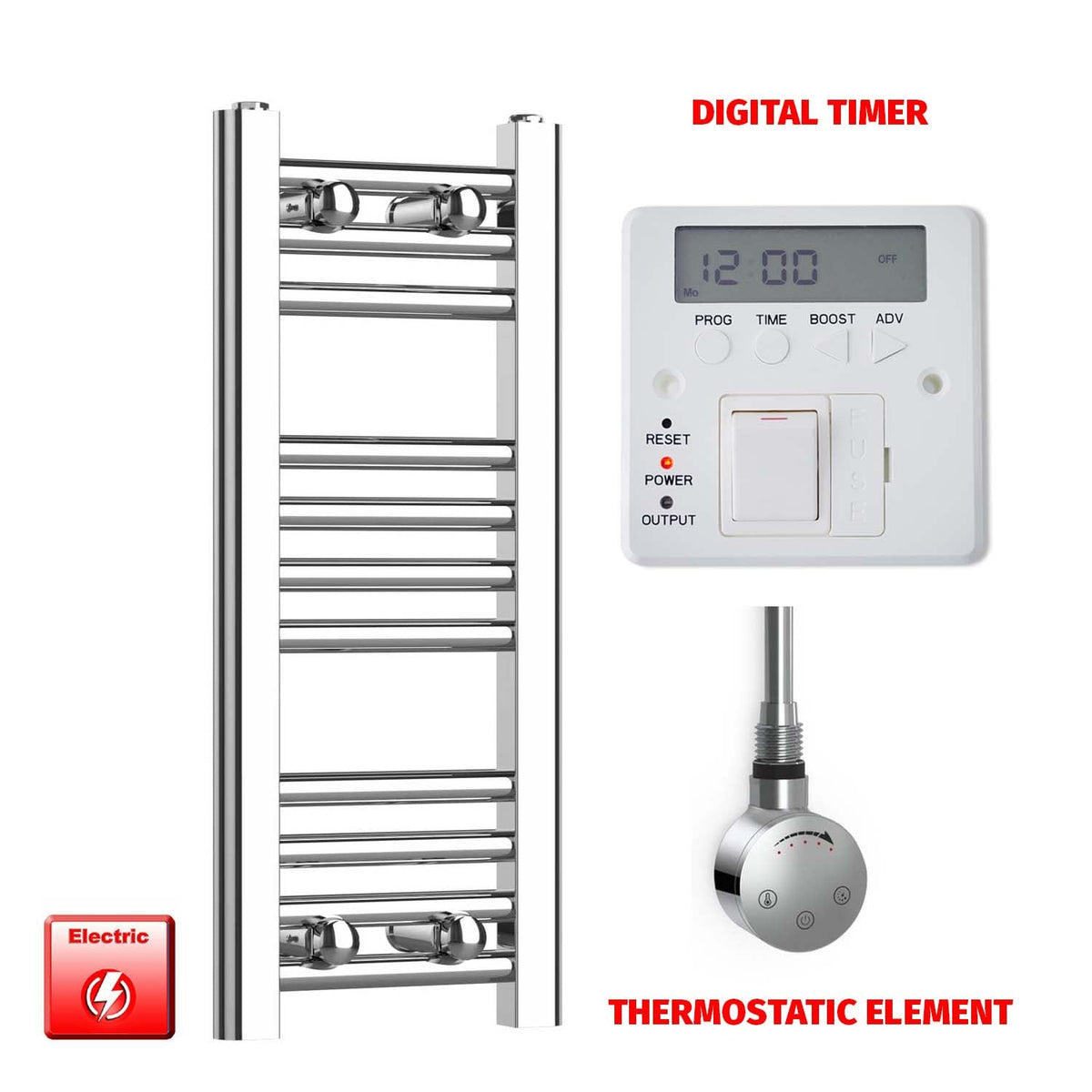 600 x 250 Pre-Filled Electric Heated Towel Radiator Straight Chrome Smart Element Digital Timer