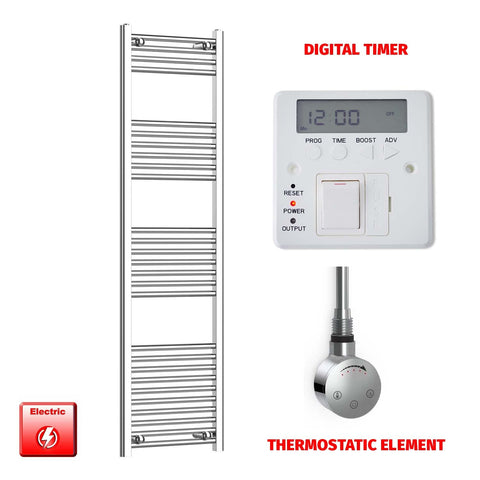 1600 x 450 Pre-Filled Electric Heated Towel Radiator Straight Chrome SMR Thermostatic element Digital timer