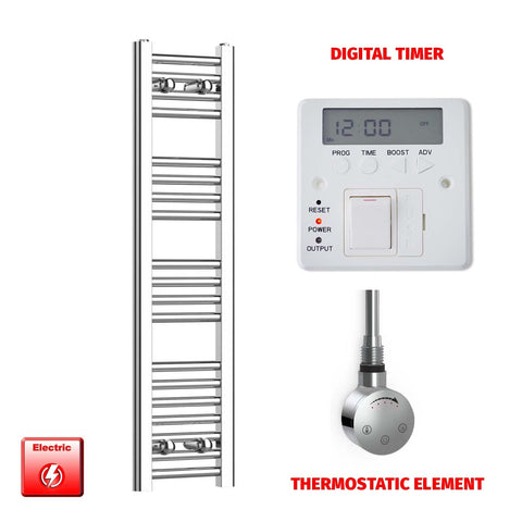1000 x 200 Pre-Filled Electric Heated Towel Radiator Straight Chrome Digital Timer Thermostatic Element