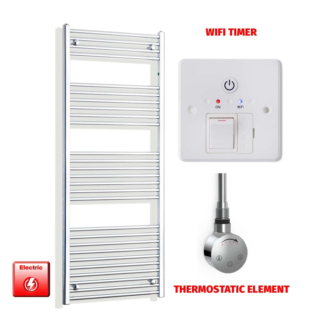 1600mm High 500mm Wide Pre-Filled Electric Heated Towel Radiator Straight or Curved Chrome SMR Thermostatic element Wifi timer