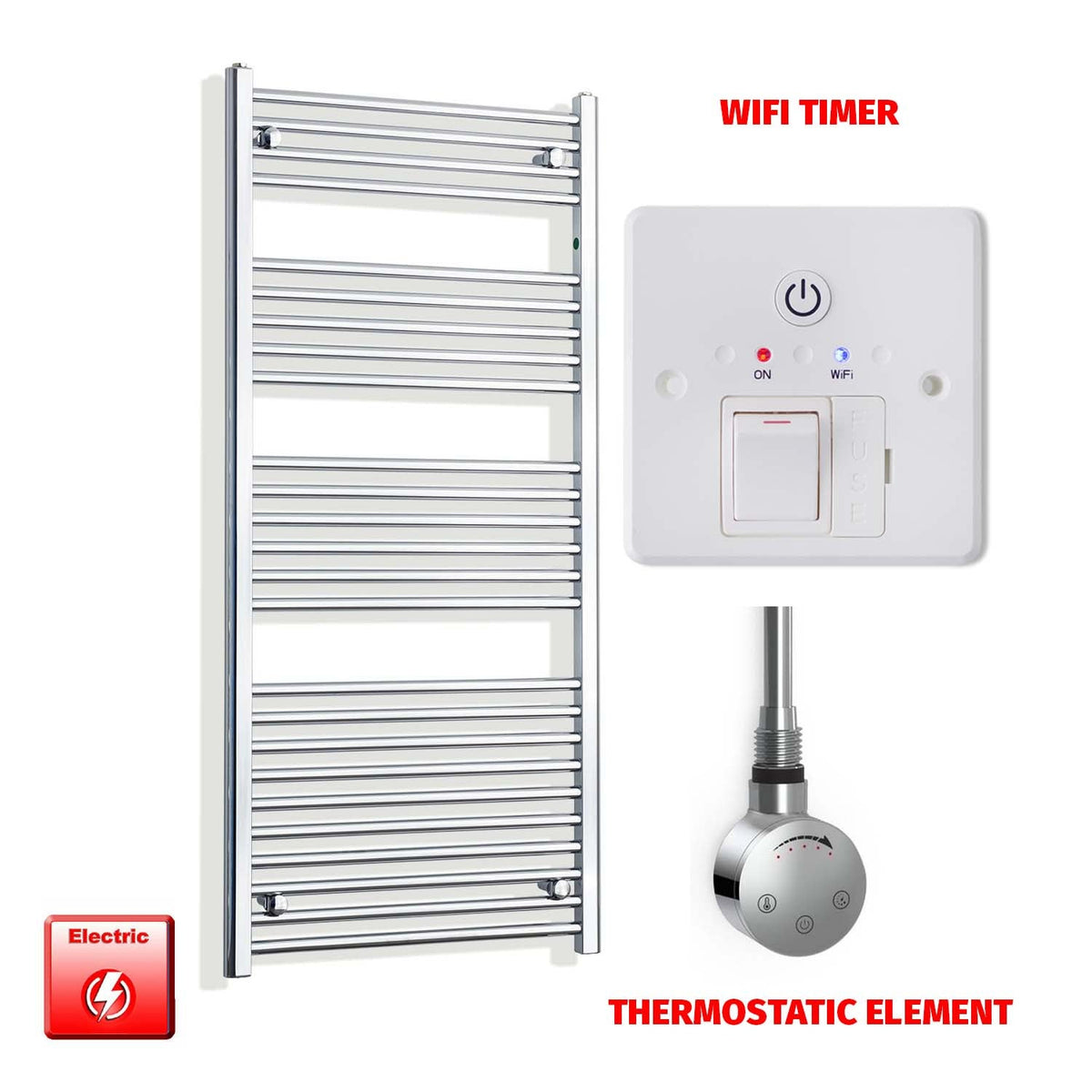 1400mm High 550mm Wide Pre-Filled Electric Heated Towel Radiator Straight Chrome SMR Thermostatic element Wifi timer