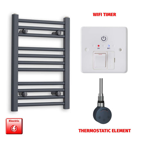 600mm High 400mm Wide Flat Anthracite Pre-Filled Electric Heated Towel Rail Radiator HTR SMR Thermostatic element Wifi timer
