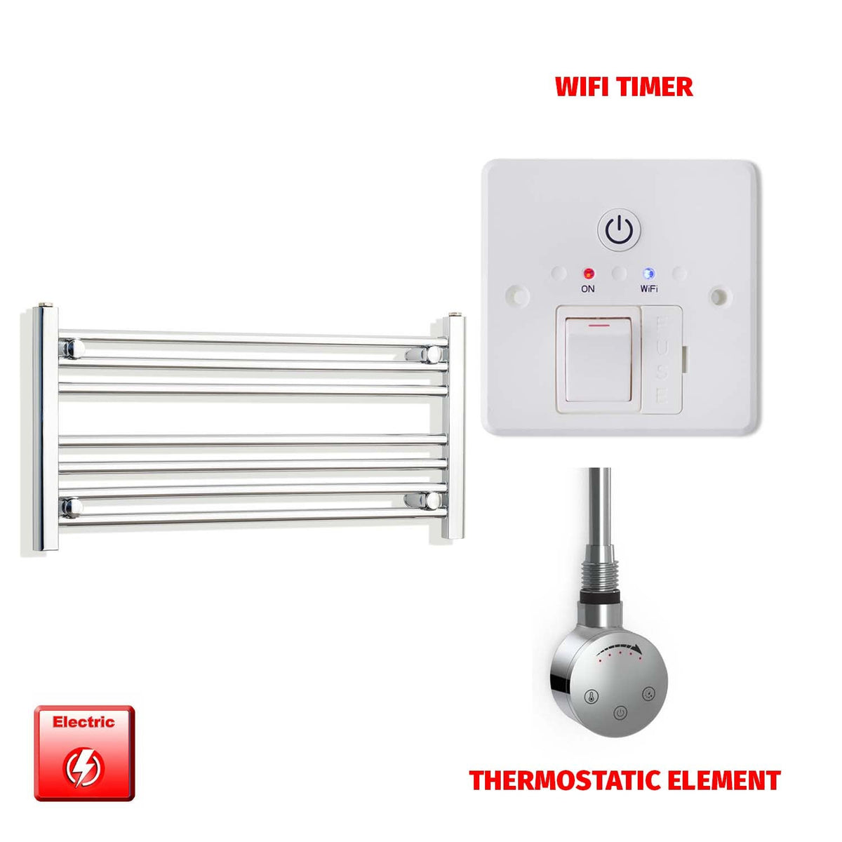 400 x 900 Pre-Filled Electric Heated Towel Radiator Straight Chrome SMR Thermosatic element Wifi timer