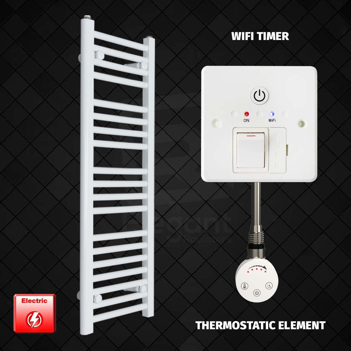 1000 mm High 300 mm Wide Pre-Filled Electric Heated Towel Rail Radiator White Smart Wifi Timer Thermostatic Element