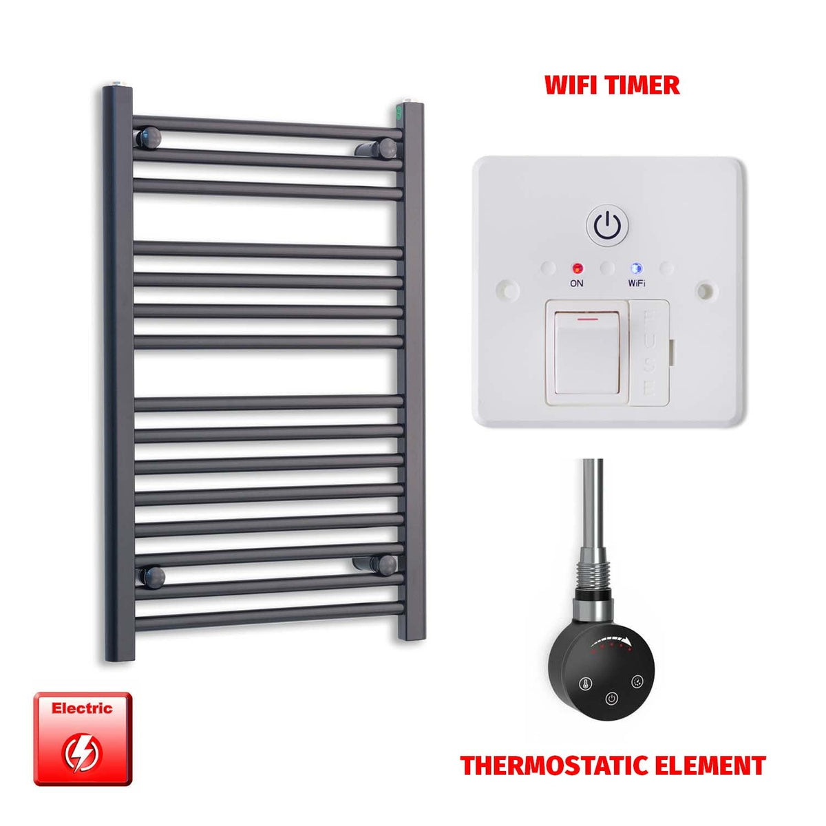 800 x 500 Flat Black Pre-Filled Electric Heated Towel Radiator HTR SMART Thermostatic Wifi Timer