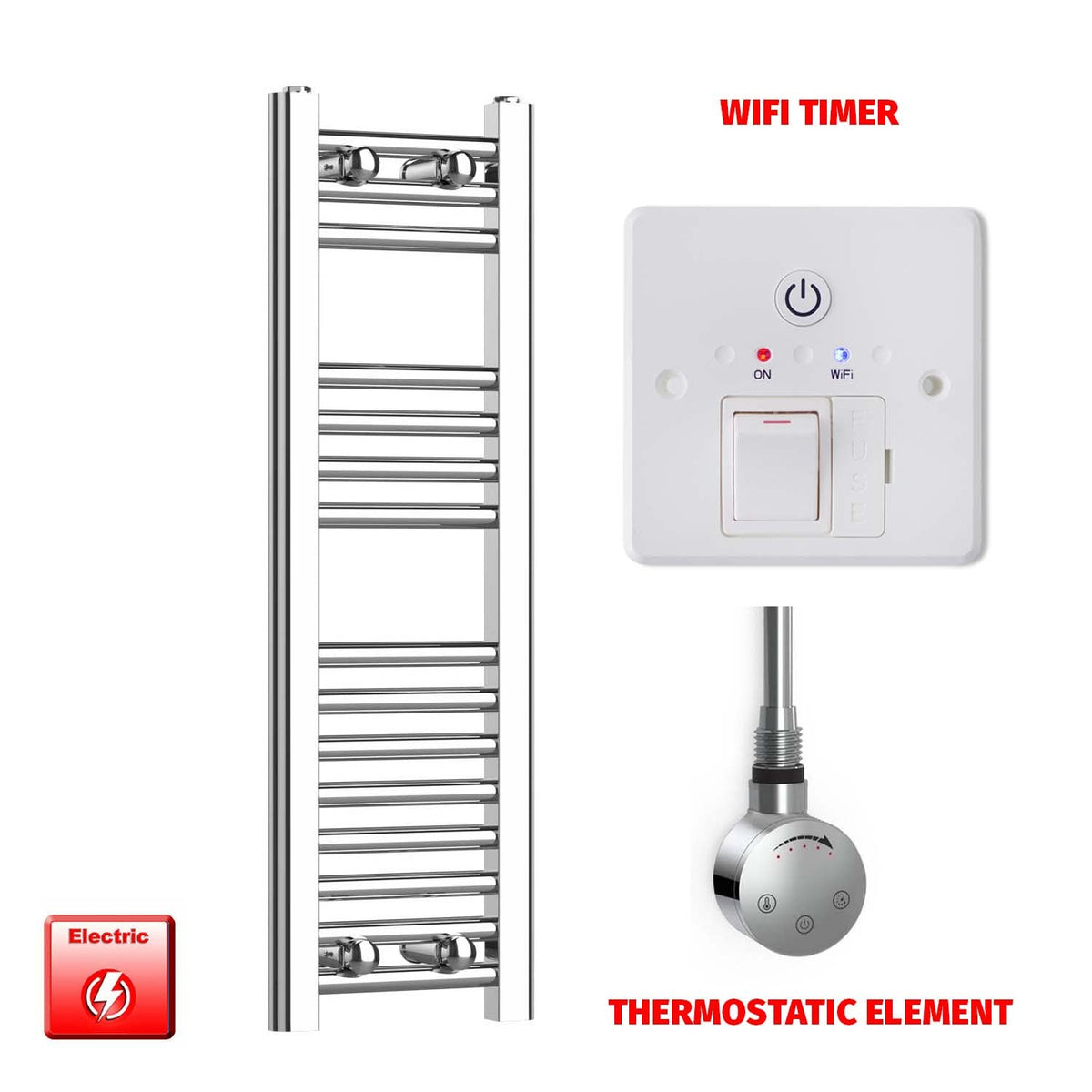 800 x 200 Pre-Filled Electric Heated Towel Radiator Straight Chrome smart element  wifi timer