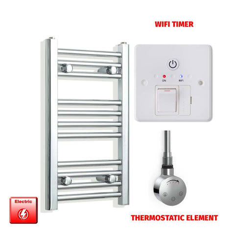 600 x 350 Pre-Filled Electric Heated Towel Radiator Straight Chrome SMR Thermostatic element Wifi timer