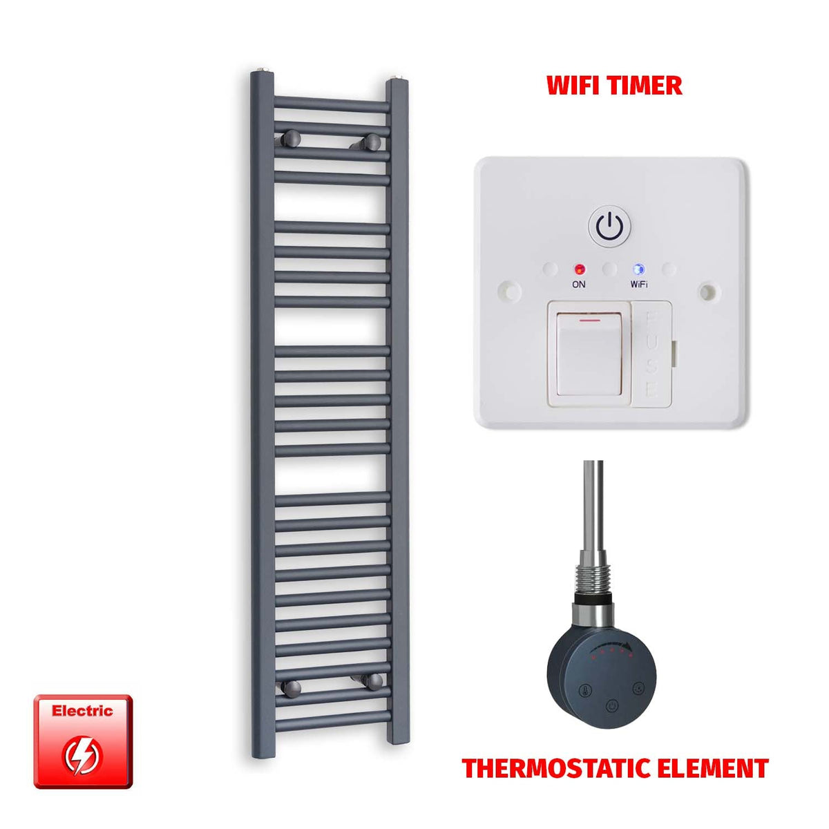 1200mm High 300mm Wide Flat Anthracite Pre-Filled Electric Heated Towel Rail Radiator HTR SMR Thermostatic element Wifi timer