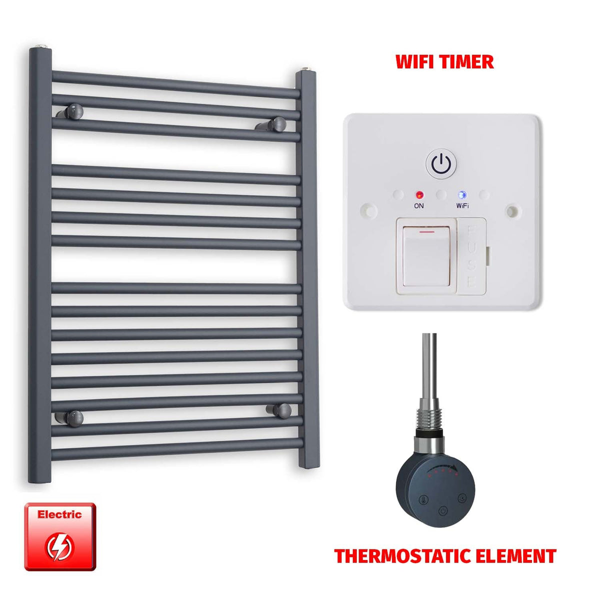 800mm High 600mm Wide Flat Anthracite Pre-Filled Electric Heated Towel Rail Radiator HTR SMR Thermostatic element Wifi timer