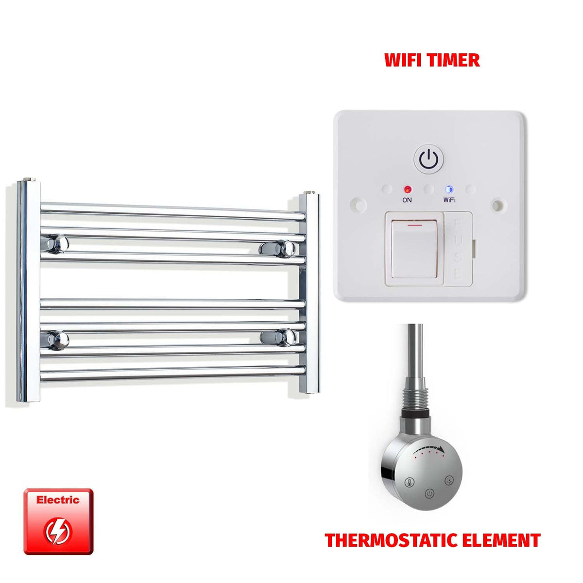 400 x 600 Pre-Filled Electric Heated Towel Radiator Straight or Curved Chrome SMR Thermostatic element Wifi timer