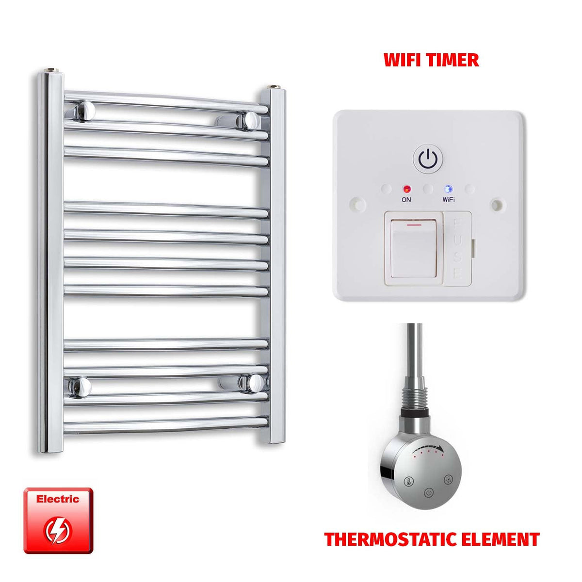 600mm High 400mm Wide Pre-Filled Electric Heated Towel Radiator Straight Chrome SMR Thermostatic element Wifi timer