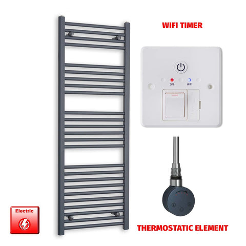 1400mm High 500mm Wide Flat Anthracite Pre-Filled Electric Heated Towel Rail Radiator HTR SMR Thermostatic element Wifi timer
