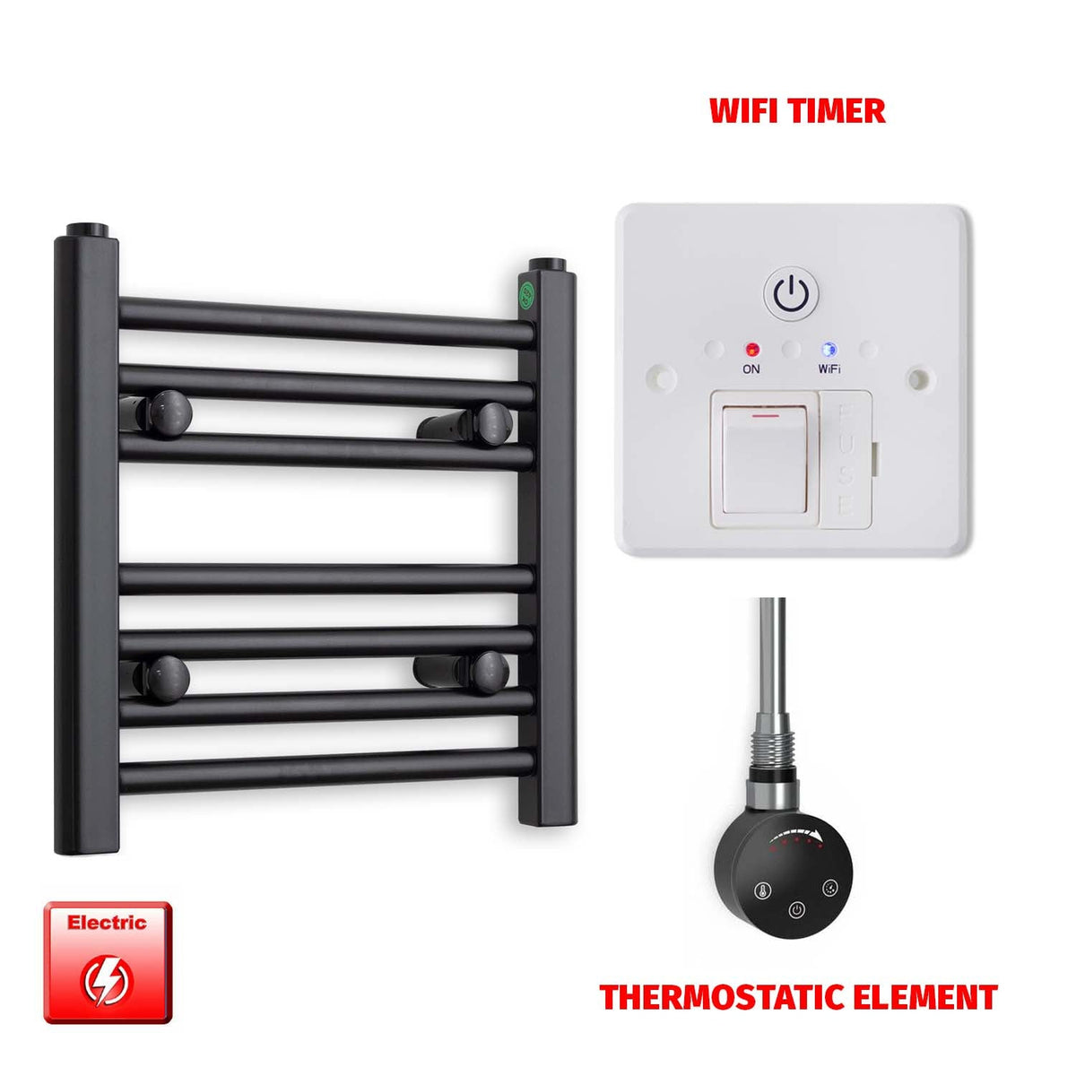 400 x 400 Flat Black Pre-Filled Electric Heated Towel Radiator HTR Smart Thermostatic Wifi Timer