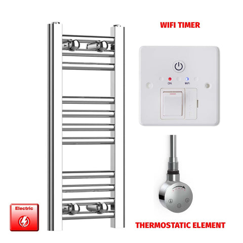 600mm High 200mm Wide Pre-Filled Electric Heated Towel Rail Radiator Straight Chrome Smart Wifi Timer Thermostatic Element