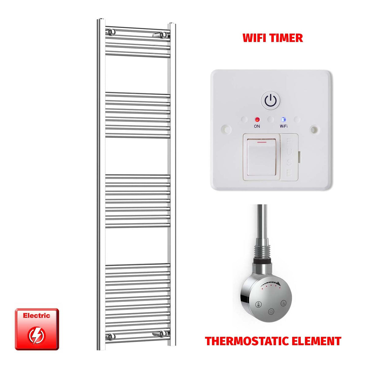 1600 x 450 Pre-Filled Electric Heated Towel Radiator Straight Chrome SMR Thermostatic element Wifi timer