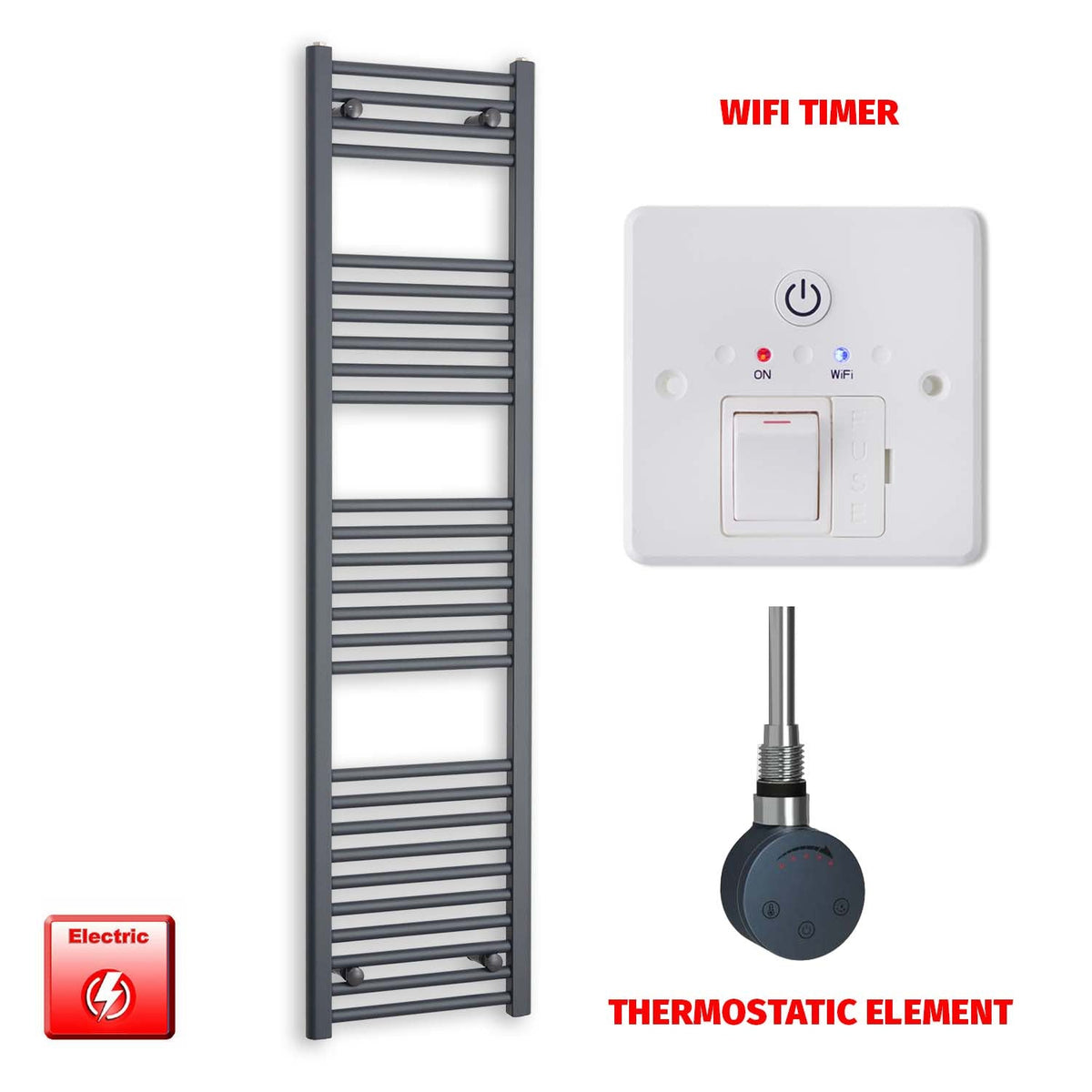 1600mm High 400mm Wide Flat Anthracite Pre-Filled Electric Heated Towel Radiator HTR SMR Thermostatic element Wifi timer