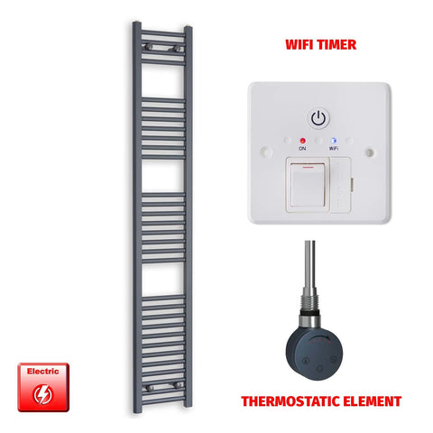 1800mm High 300mm Wide Flat Anthracite Pre-Filled Electric Heated Towel Rail Radiator HTR SMR Thermostatic element Wifi timer