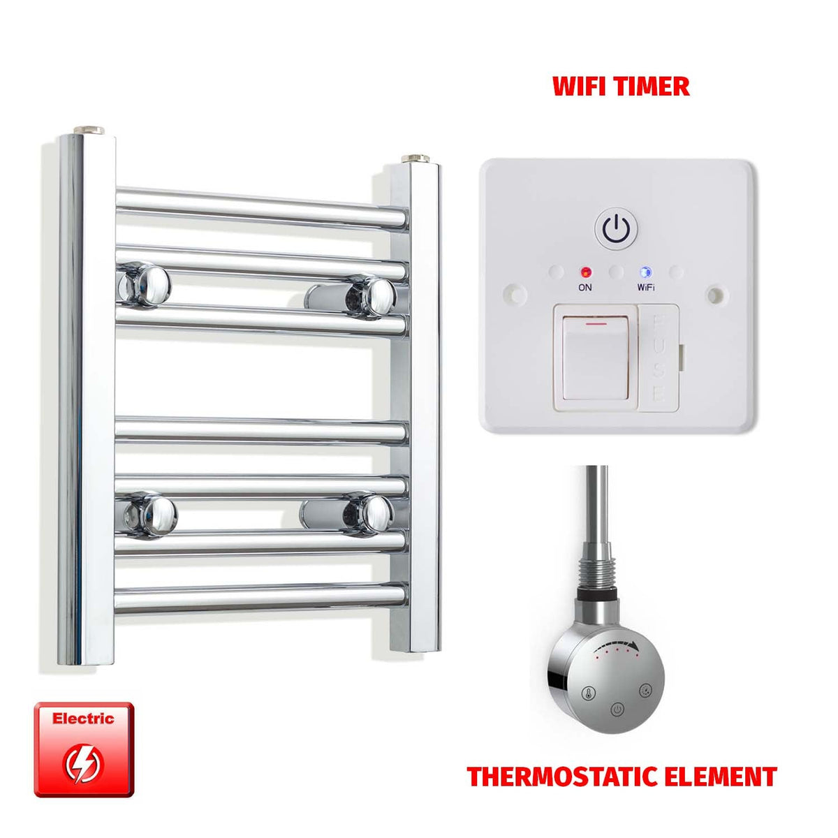 400mm High 300mm Wide Pre-Filled Electric Heated Towel Rail Radiator Straight Chrome Smart Element Wifi Timer