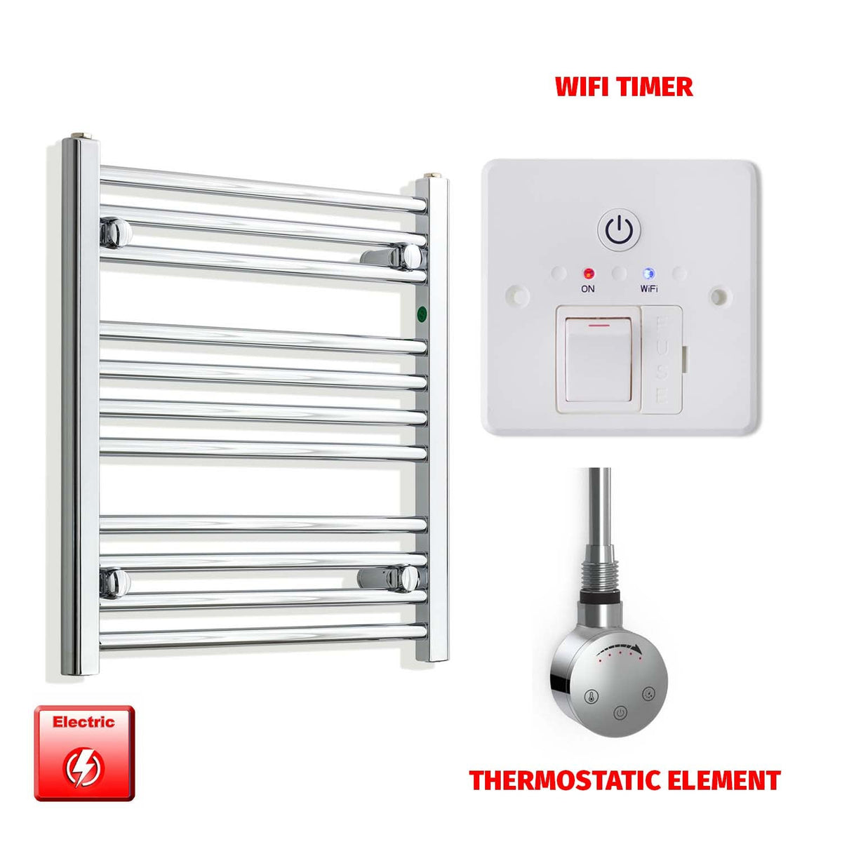 600mm High 550mm Wide Pre-Filled Electric Heated Towel Radiator Chrome HTR SMR Thermostatic element Wifi timer