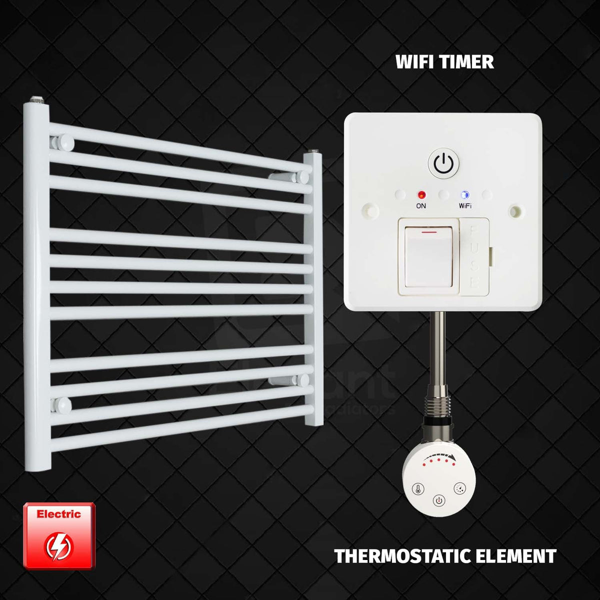 600 mm High 750 mm Wide Pre-Filled Electric Heated Towel Radiator White HTR SMR Thermostatic element Wifi timer