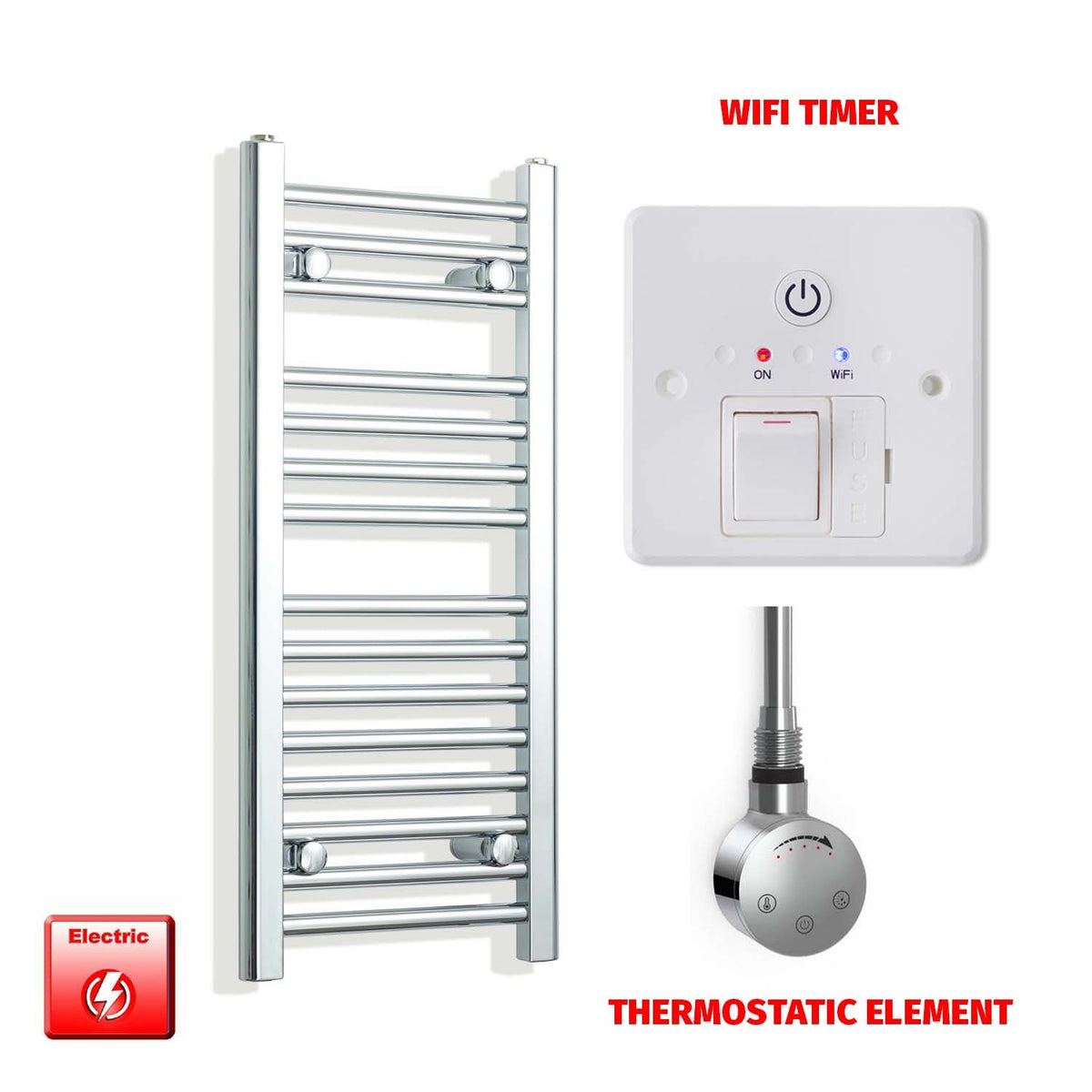 800mm High 350mm Wide Pre-Filled Electric Heated Towel Rail Radiator Straight Chrome SMR Thermostatic element Wifi timer