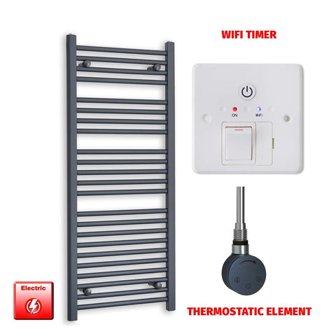 1200mm High 500mm Wide Flat Anthracite Pre-Filled Electric Heated Towel Rail Radiator HTR SMR Thermostatic element Wifi timer