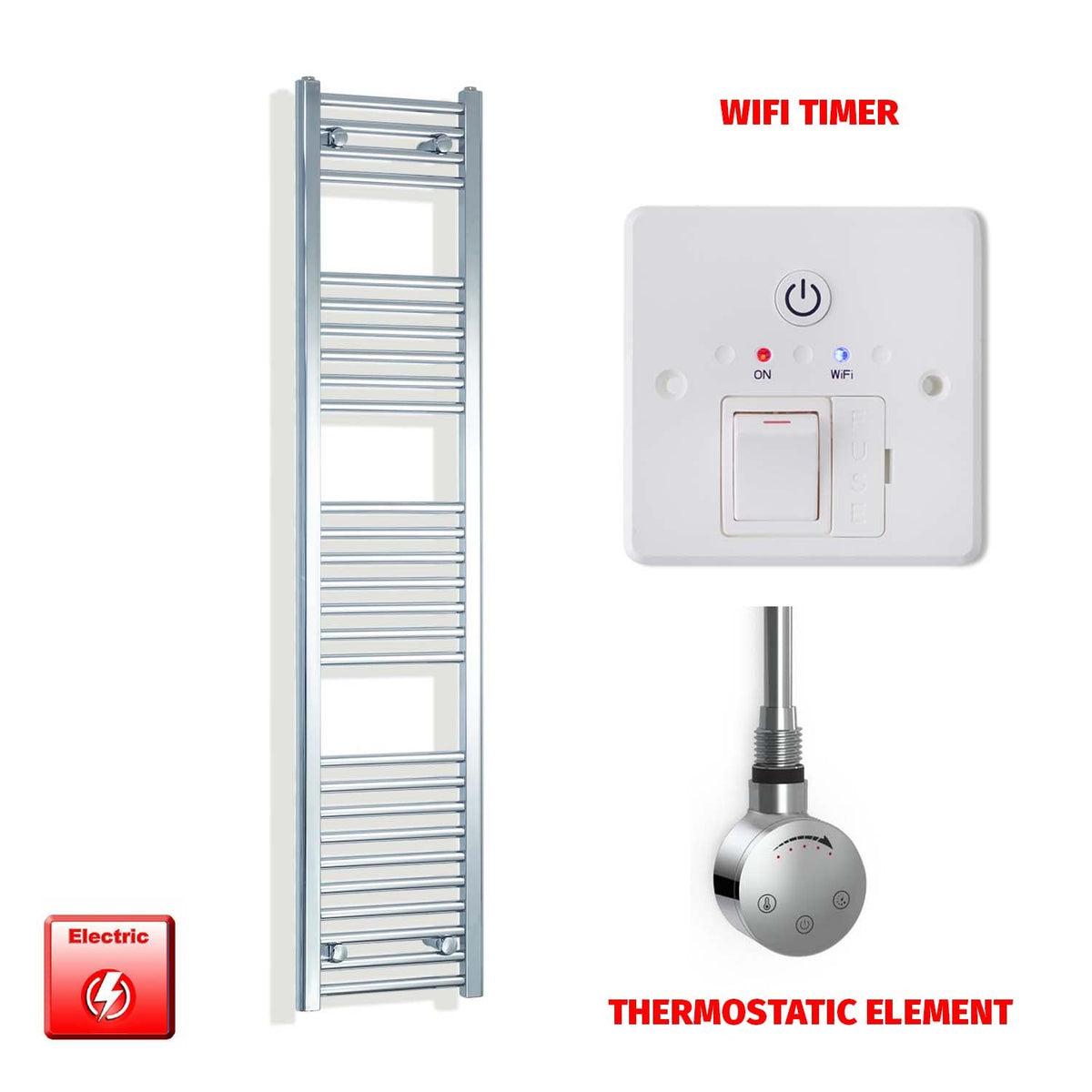 1600mm High 300mm Wide Pre-Filled Electric Heated Towel Radiator Straight Chrome Smart Element Wifi Timer