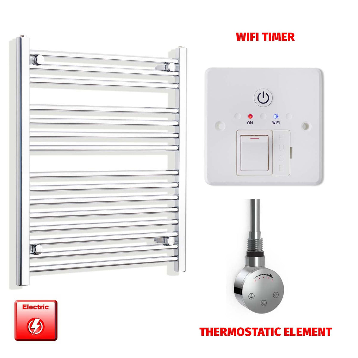 800mm High 550mm Wide Pre-Filled Electric Heated Towel Radiator Straight Chrome SMR Thermostatic element Wifi timer