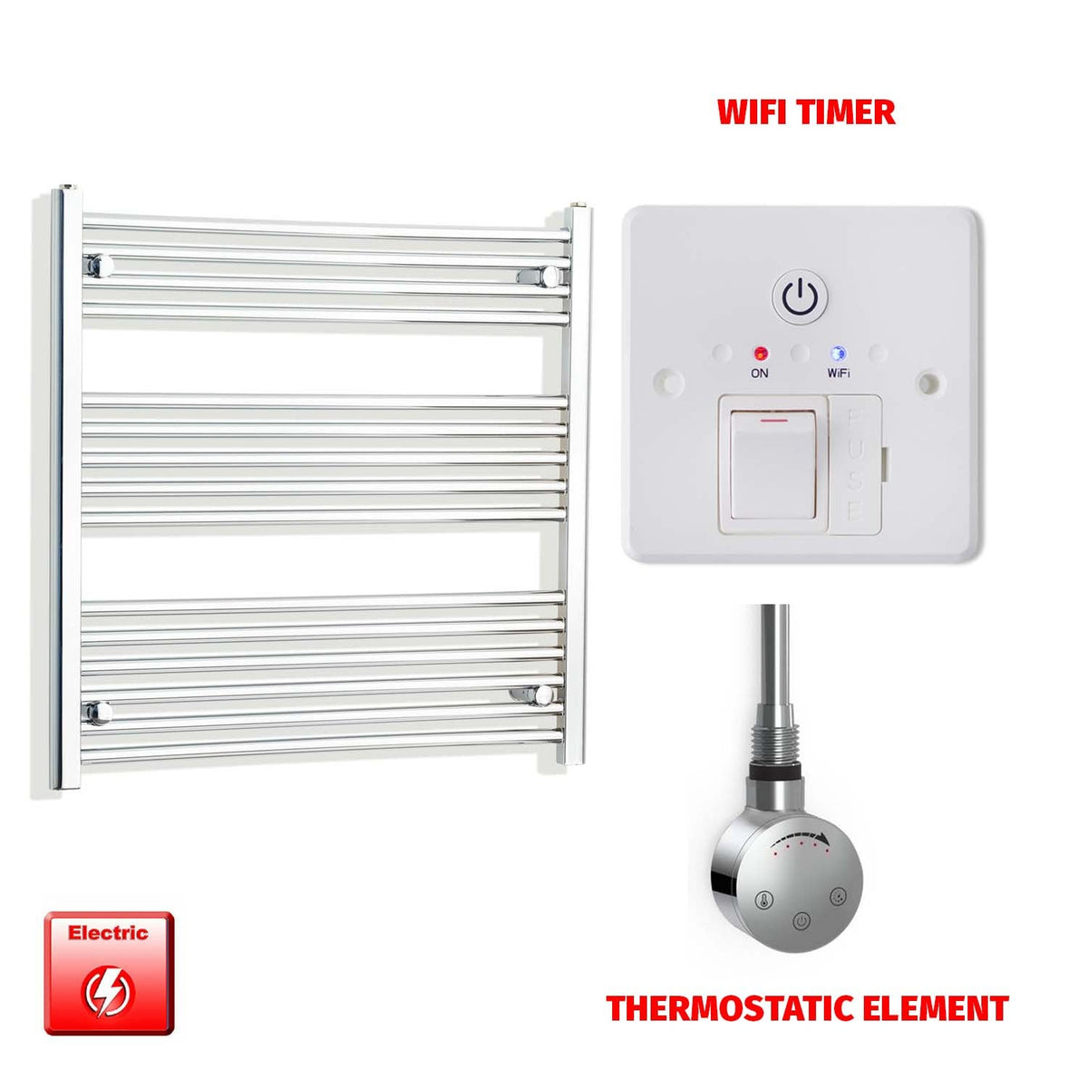 800 x 750 Pre-Filled Electric Heated Towel Radiator Curved or Straight Chrome SMR Thermostatic element Wifi timer
