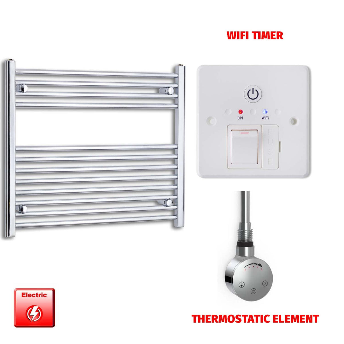 700 x 900 Pre-Filled Electric Heated Towel Radiator Straight Chrome SMR Thermostatic element Wifi timer