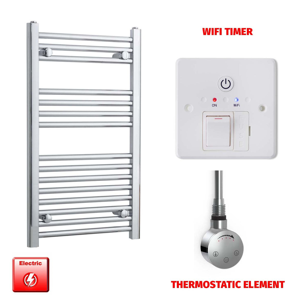 800mm High 450mm Wide Pre-Filled Electric Heated Towel Radiator Straight Chrome SMR Thermostatic element Wifi timer