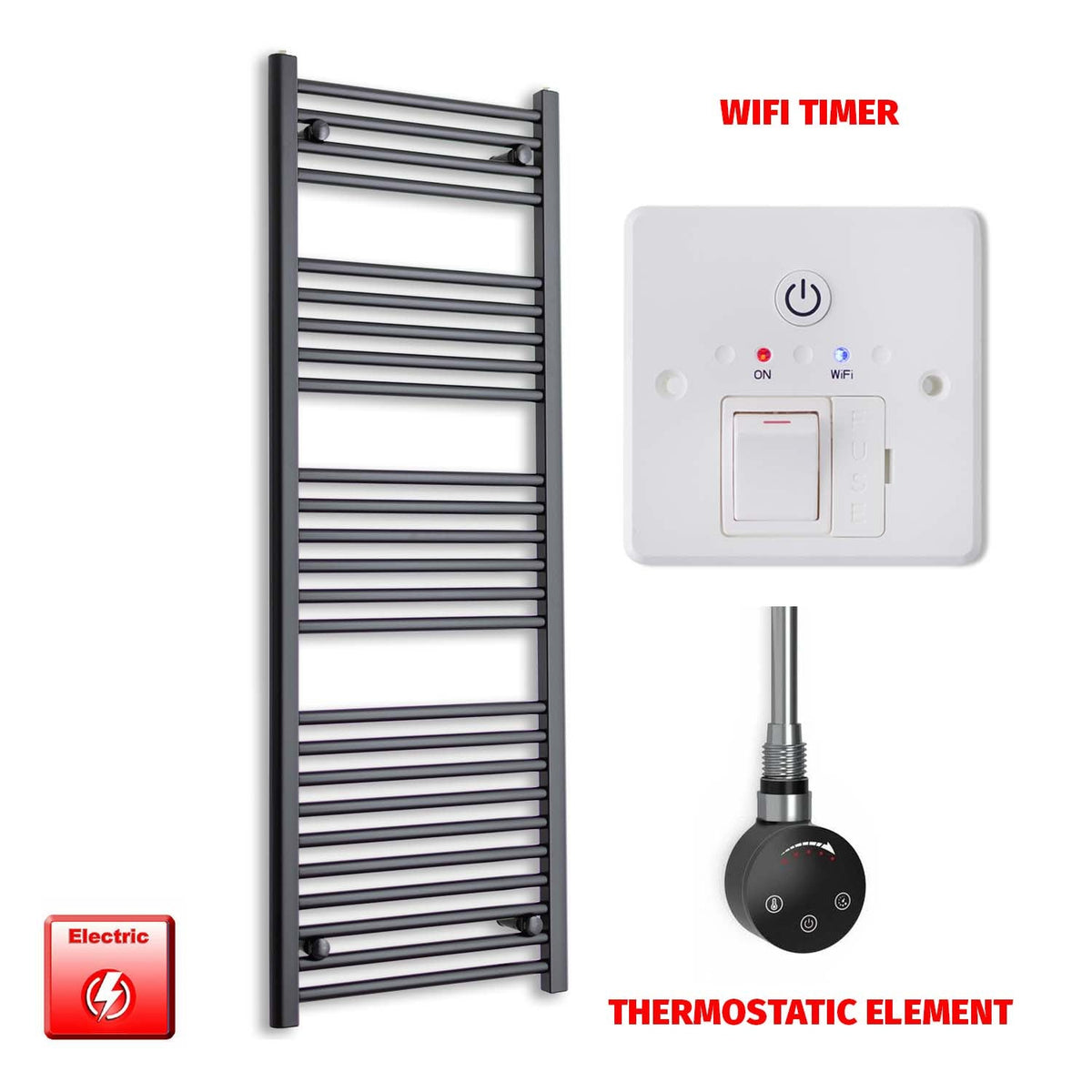 1400 x 550mm Wide Flat Black Pre-Filled Electric Heated Towel Radiator HTR SMART Thermostatic Wifi Timer