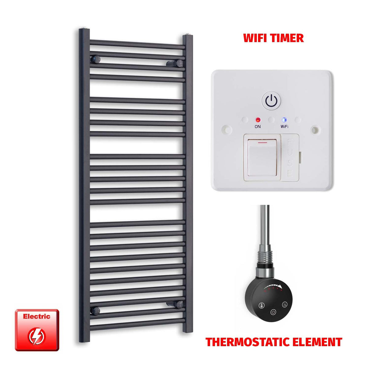 1200 x 550mm Wide Flat Black Pre-Filled Electric Heated Towel Radiator HTR SMART Thermostatic Wifi Timer