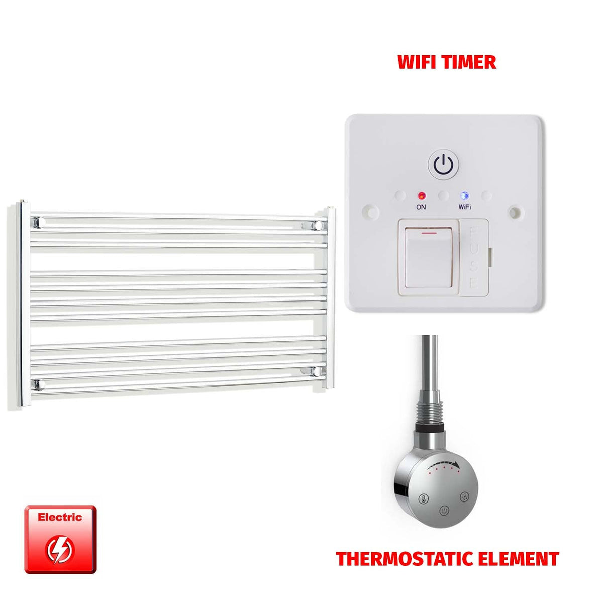 600 x 1100 Pre-Filled Electric Heated Towel Radiator Straight Chrome SMR Thermosatic element Wifi timer