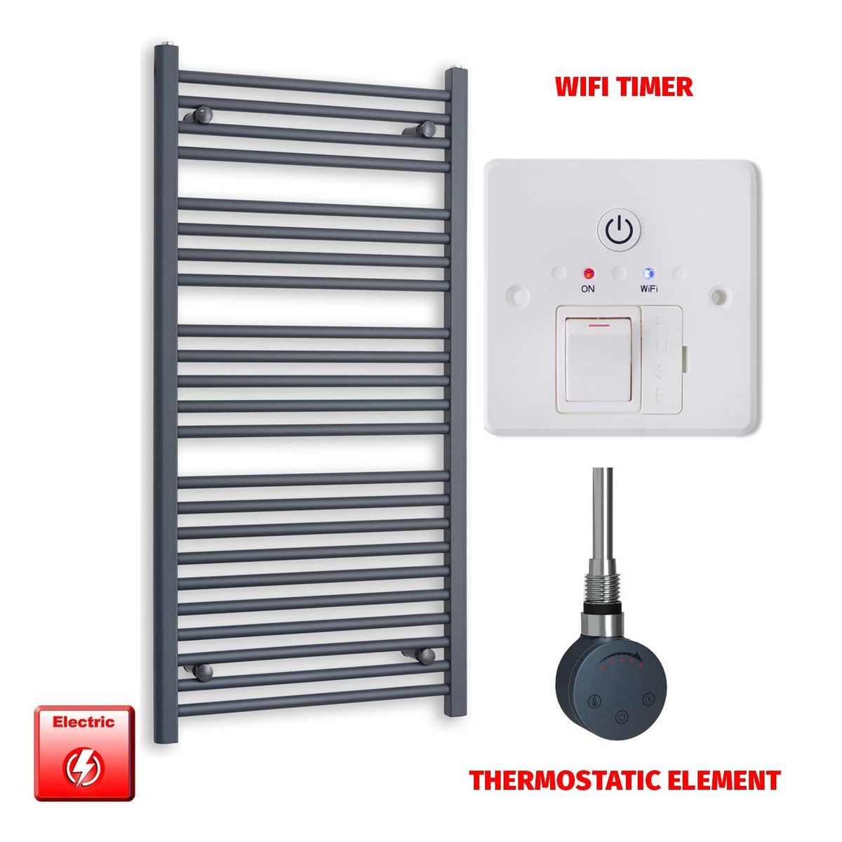 1200mm High 600mm Wide Flat Anthracite Pre-Filled Electric Heated Towel Rail Radiator HTR SMR Thermostatic element Wifi timer