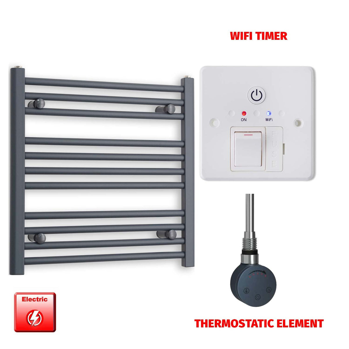 600mm High 500mm Wide Flat Anthracite Pre-Filled Electric Heated Towel Rail Radiator HTR SMR Thermostatic element Wifi timer