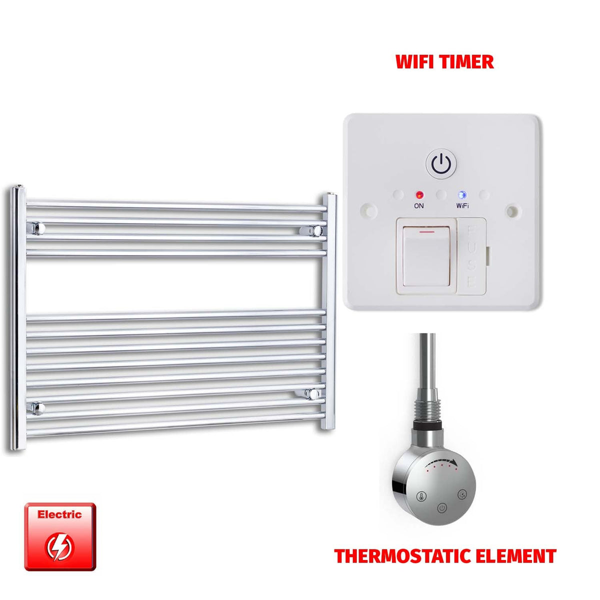 700 x 1200 Pre-Filled Electric Heated Towel Radiator Straight Chrome SMR Thermostatic element Wifi timer