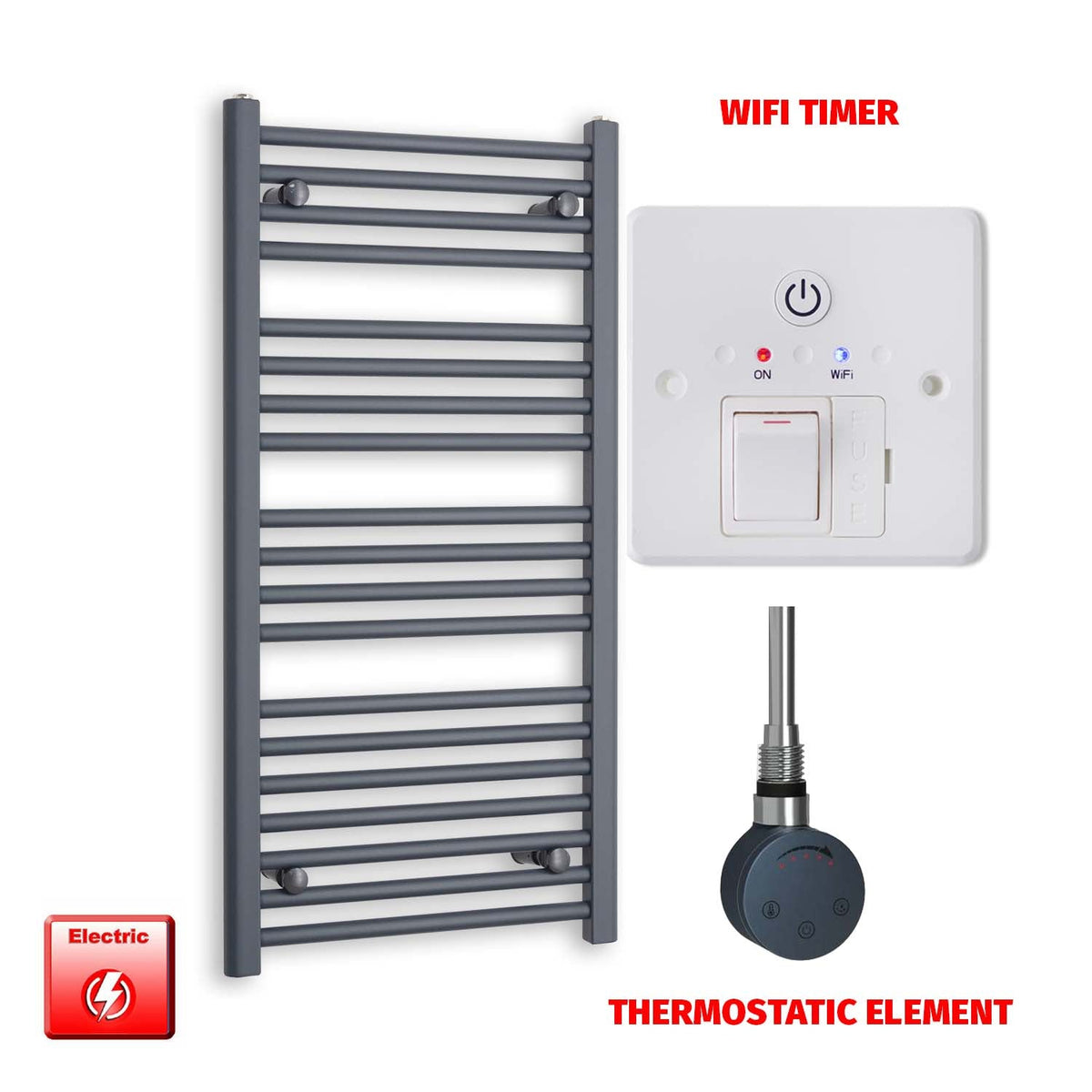 1000 x 500 Flat Anthracite Pre-Filled Electric Heated Towel Radiator MOA Thermostatic element Wifi timer