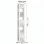 Dimension diagram: Flat White 250mm x 1400mm ladder towel rail with pipe centre measurement