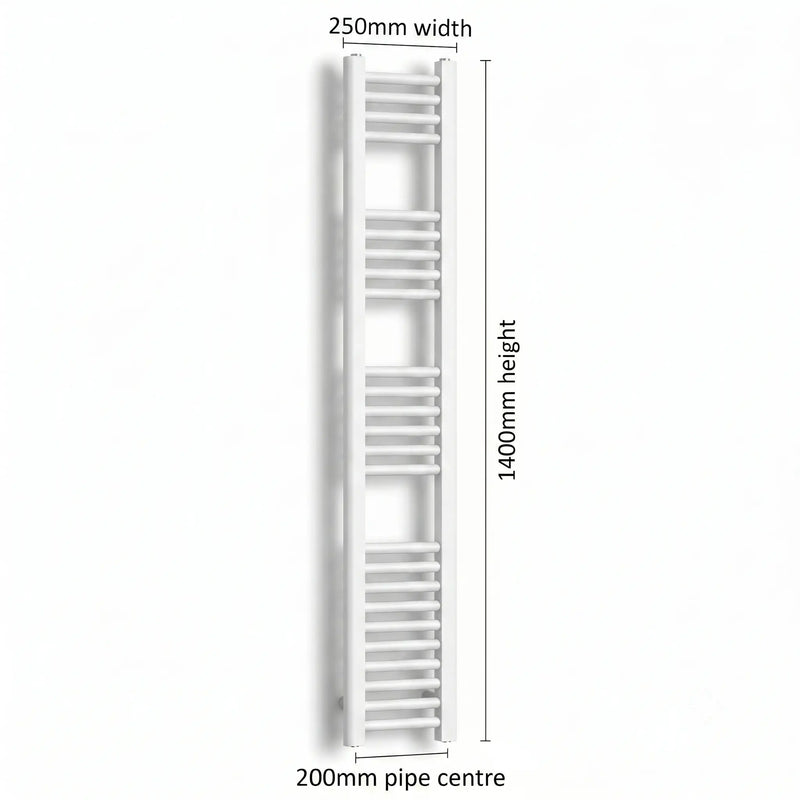Dimension diagram: Flat White 250mm x 1400mm ladder towel rail with pipe centre measurement