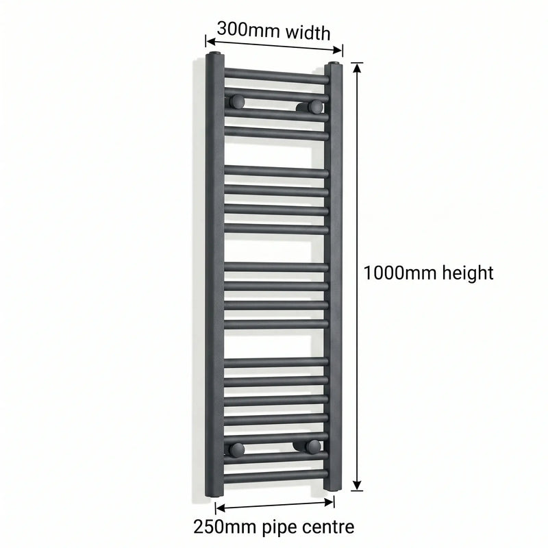 1000x300mm Flat Black Pre-Filled Electric Heated Towel Rail