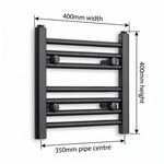 Black flat bar heated towel rail 400 x 400mm – dimensions diagram