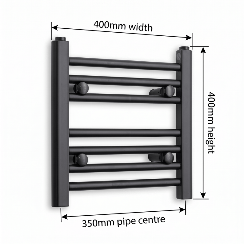 Black flat bar heated towel rail 400 x 400mm – dimensions diagram