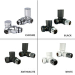 Four types of plumbing fittings in chrome, black, anthracite, and white corner valve