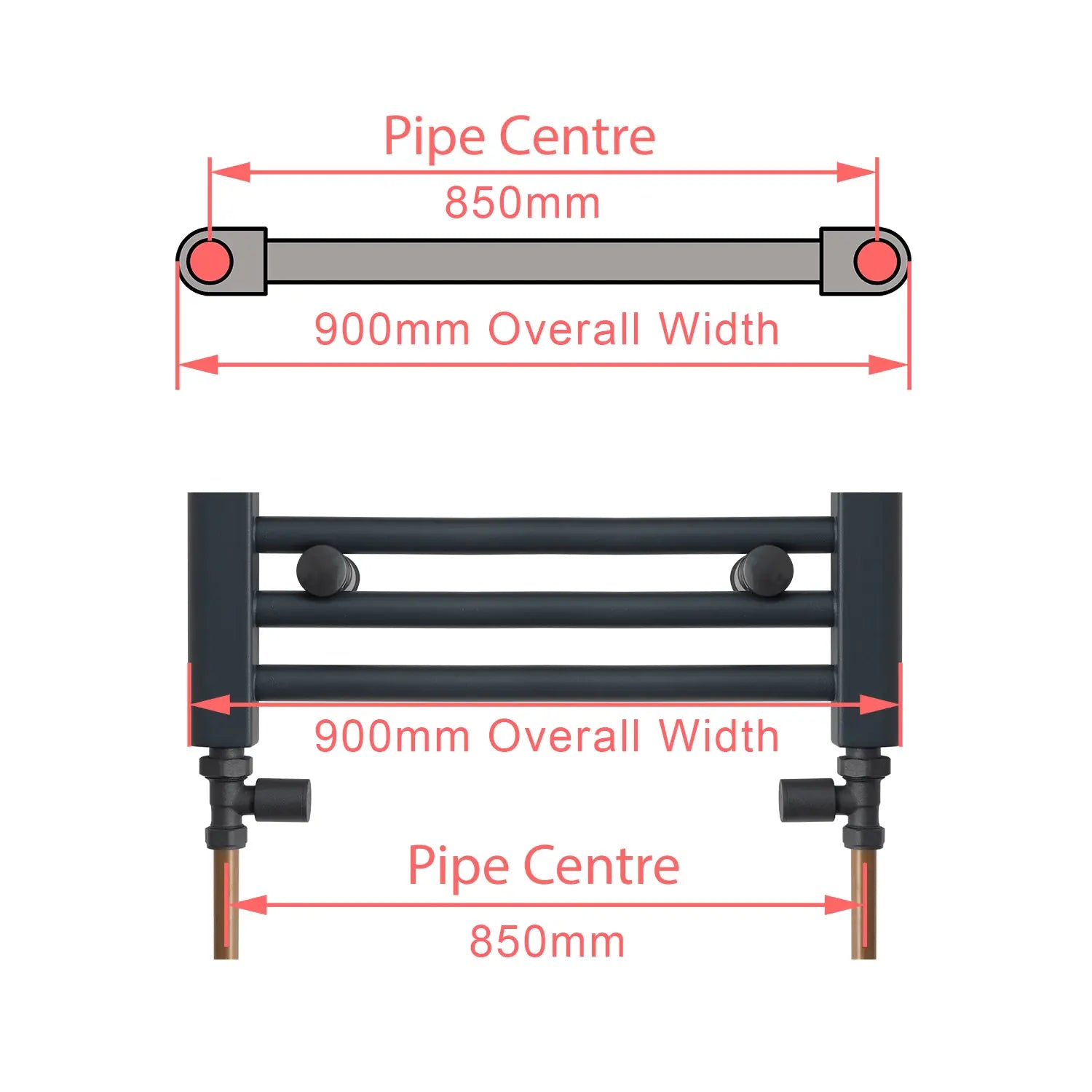 900mm Wide Chrome Towel Rail Technical Diagram Showing 850mm Pipe Centres